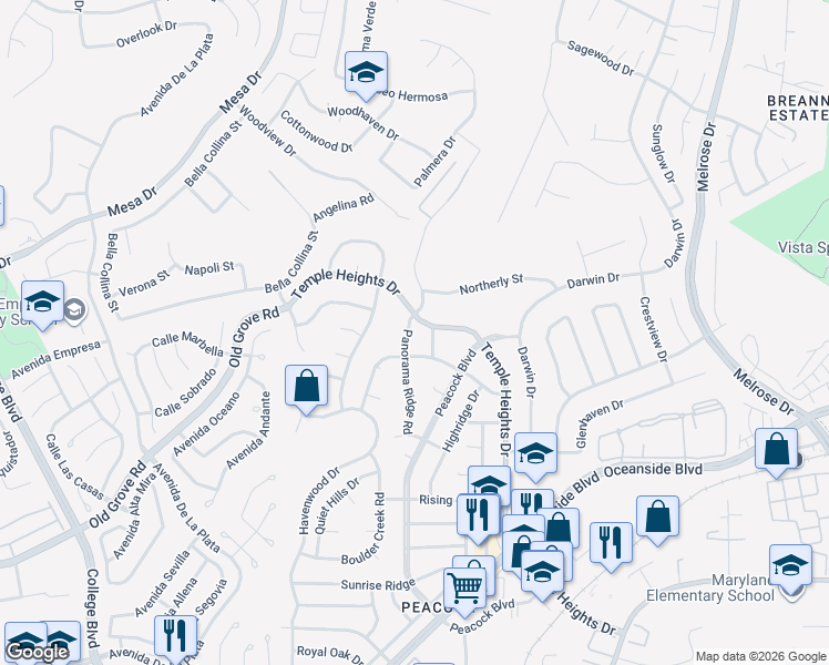 map of restaurants, bars, coffee shops, grocery stores, and more near 1378 Panorama Ridge Road in Oceanside