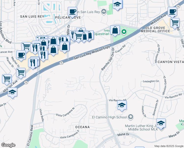 map of restaurants, bars, coffee shops, grocery stores, and more near 283 San Dimas Avenue in Oceanside