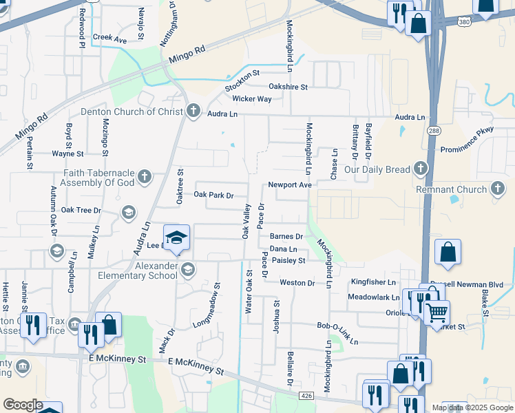 map of restaurants, bars, coffee shops, grocery stores, and more near 717 Pace Drive in Denton