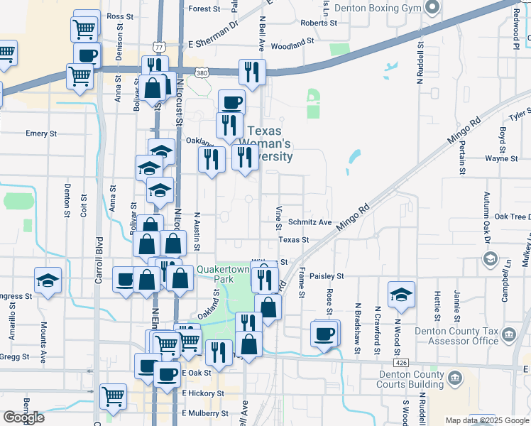 map of restaurants, bars, coffee shops, grocery stores, and more near 1113 Vine Street in Denton