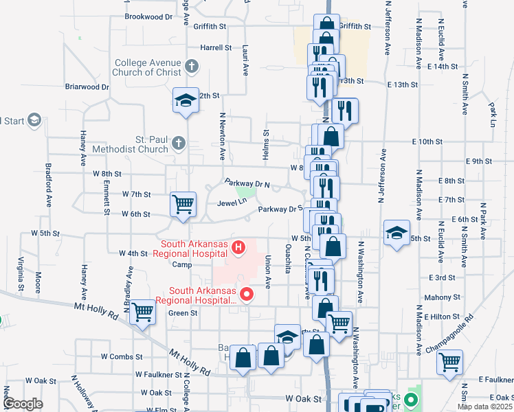map of restaurants, bars, coffee shops, grocery stores, and more near 500 Parkway Drive South in El Dorado