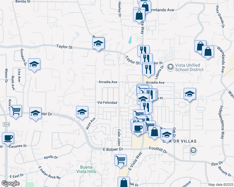 map of restaurants, bars, coffee shops, grocery stores, and more near 1628 Calle Jules in Vista