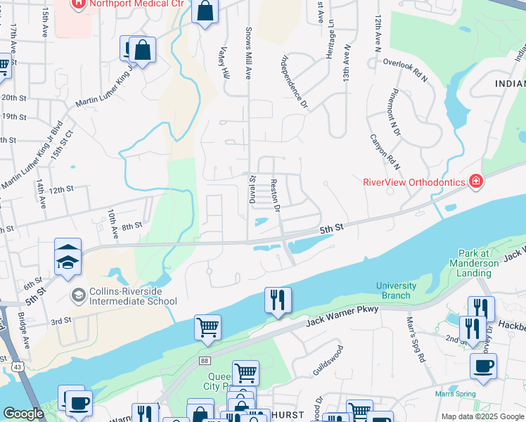 map of restaurants, bars, coffee shops, grocery stores, and more near 1717 Duval Street in Tuscaloosa