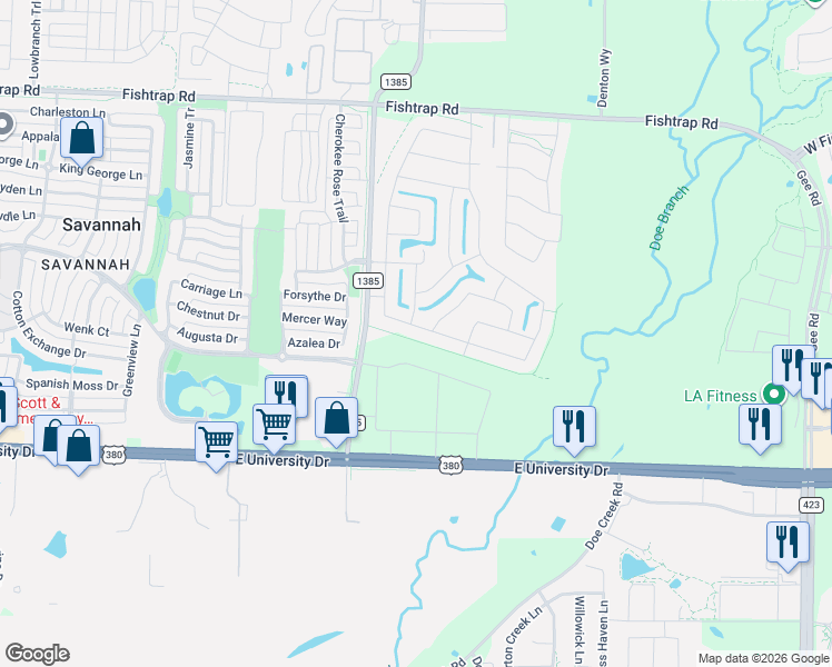 map of restaurants, bars, coffee shops, grocery stores, and more near 5691 Crestwood Drive in Prosper