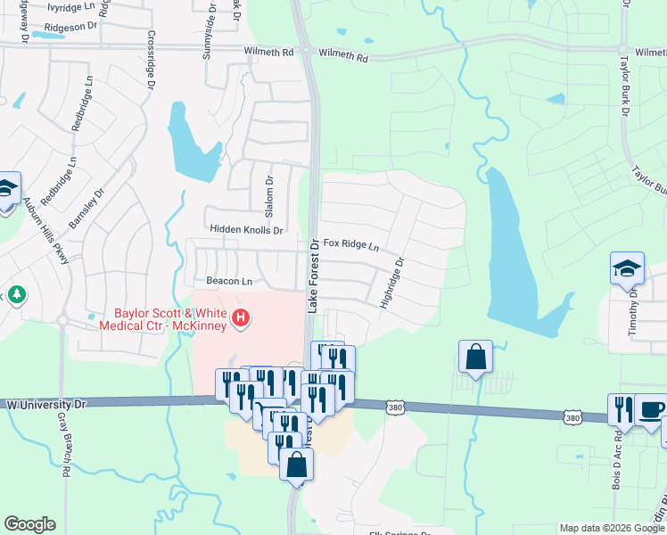 map of restaurants, bars, coffee shops, grocery stores, and more near 4908 Brookridge Avenue in McKinney