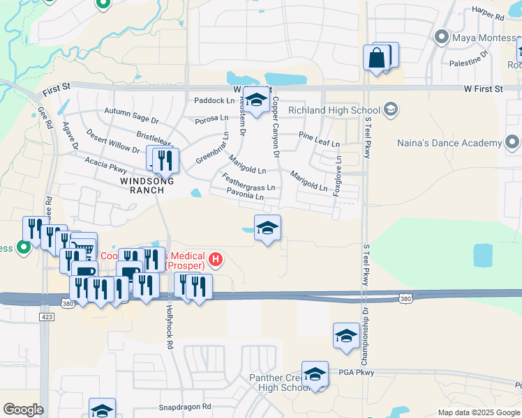 map of restaurants, bars, coffee shops, grocery stores, and more near 4050 Pequin Drive in Prosper