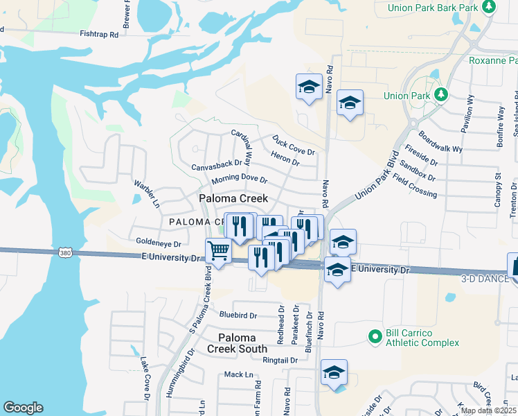 map of restaurants, bars, coffee shops, grocery stores, and more near 1701 Sparrow Lane in Aubrey
