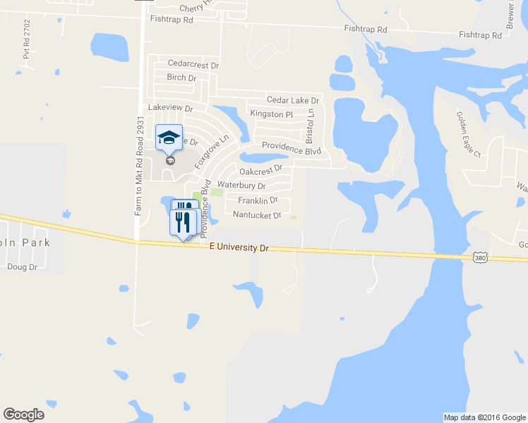 map of restaurants, bars, coffee shops, grocery stores, and more near 10309 Nantucket Drive in Aubrey