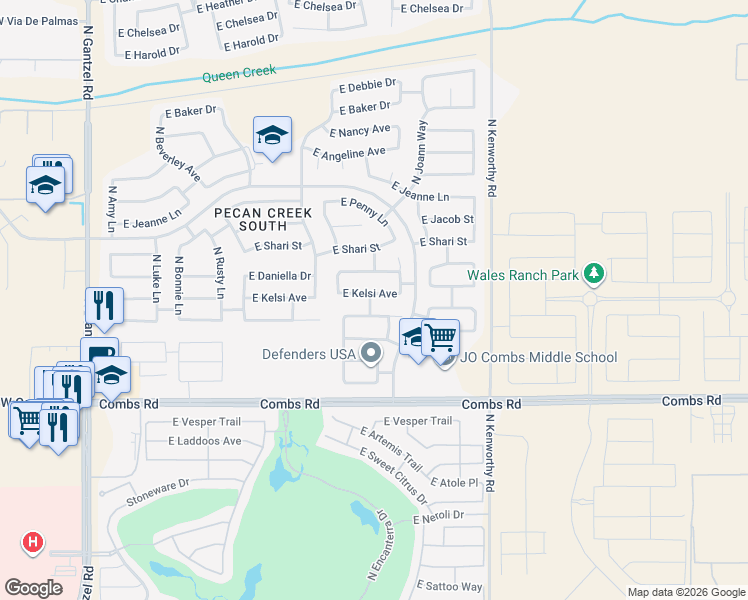 map of restaurants, bars, coffee shops, grocery stores, and more near 1385 East Kelsi Avenue in San Tan Valley