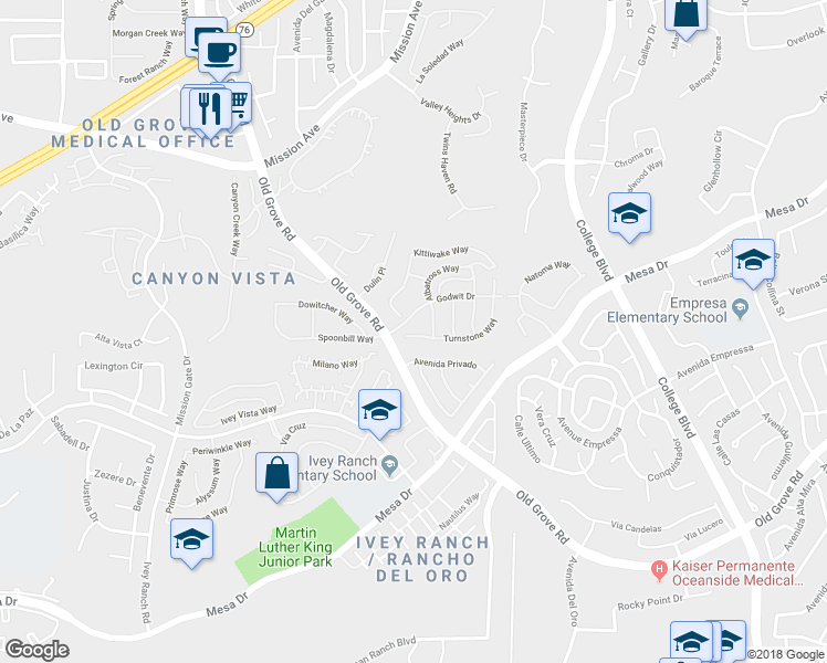 map of restaurants, bars, coffee shops, grocery stores, and more near 1123 Turnstone Way in Oceanside