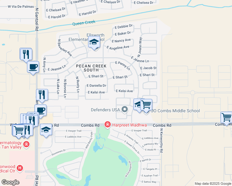 map of restaurants, bars, coffee shops, grocery stores, and more near 1257 East Kelsi Avenue in San Tan Valley