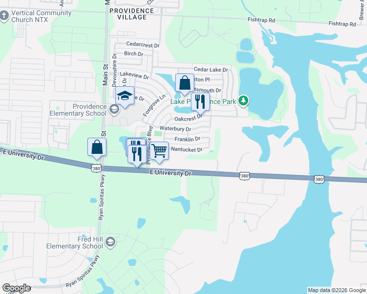 map of restaurants, bars, coffee shops, grocery stores, and more near 10233 Nantucket Drive in Denton County