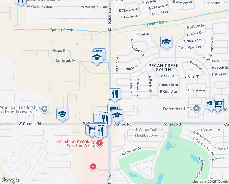 map of restaurants, bars, coffee shops, grocery stores, and more near 37938 North Amy Lane in Queen Creek