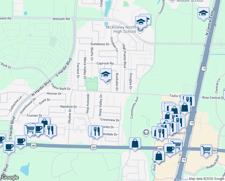 map of restaurants, bars, coffee shops, grocery stores, and more near 2500 Cattleman Drive in McKinney