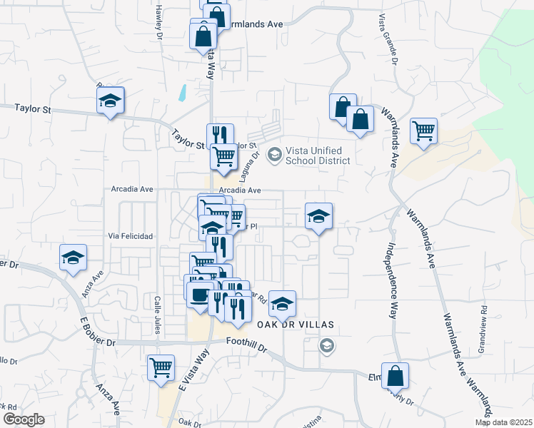 map of restaurants, bars, coffee shops, grocery stores, and more near 1235 Monique Court in Vista