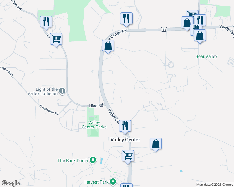 map of restaurants, bars, coffee shops, grocery stores, and more near 28185 Valley Center Road in Valley Center