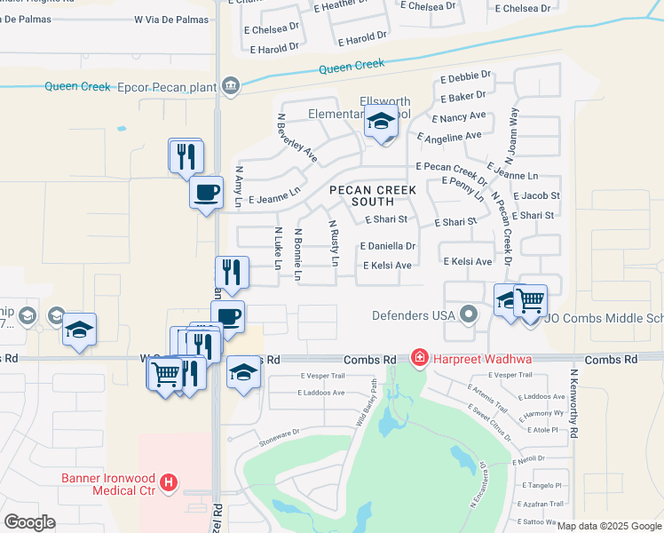 map of restaurants, bars, coffee shops, grocery stores, and more near 747 East Kelsi Avenue in San Tan Valley