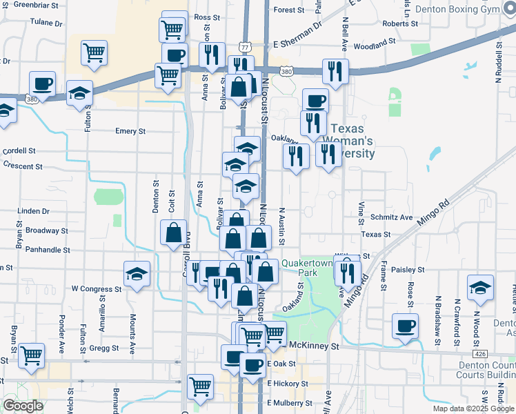 map of restaurants, bars, coffee shops, grocery stores, and more near 1099 North Locust Street in Denton