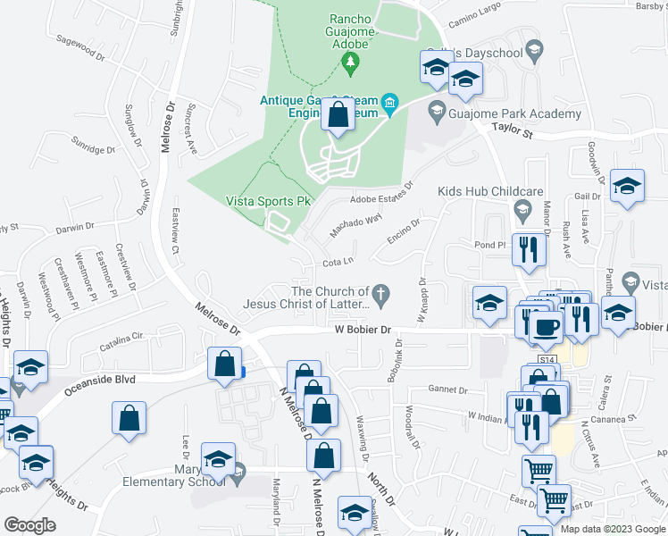 map of restaurants, bars, coffee shops, grocery stores, and more near 521 Cota Lane in Vista