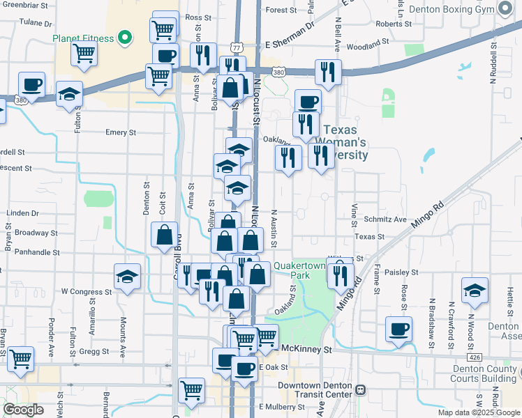 map of restaurants, bars, coffee shops, grocery stores, and more near 1099 North Locust Street in Denton