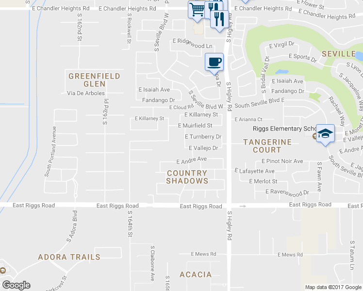map of restaurants, bars, coffee shops, grocery stores, and more near 6964 South Tucana Lane in Gilbert