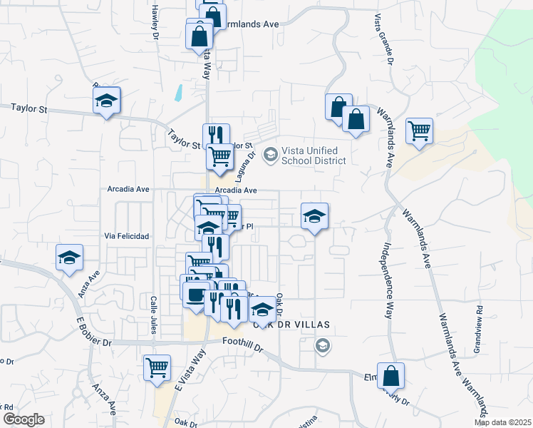 map of restaurants, bars, coffee shops, grocery stores, and more near 1252A Palomar Place in Vista