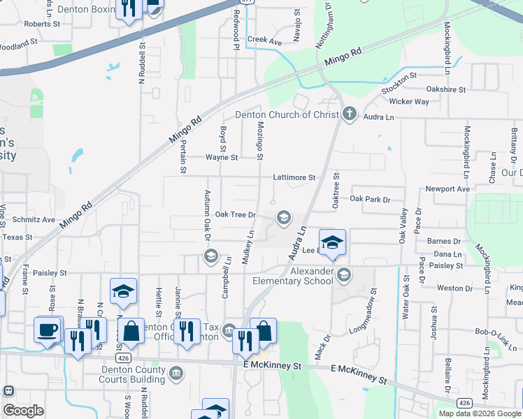 map of restaurants, bars, coffee shops, grocery stores, and more near 1803 Oak Tree Drive in Denton