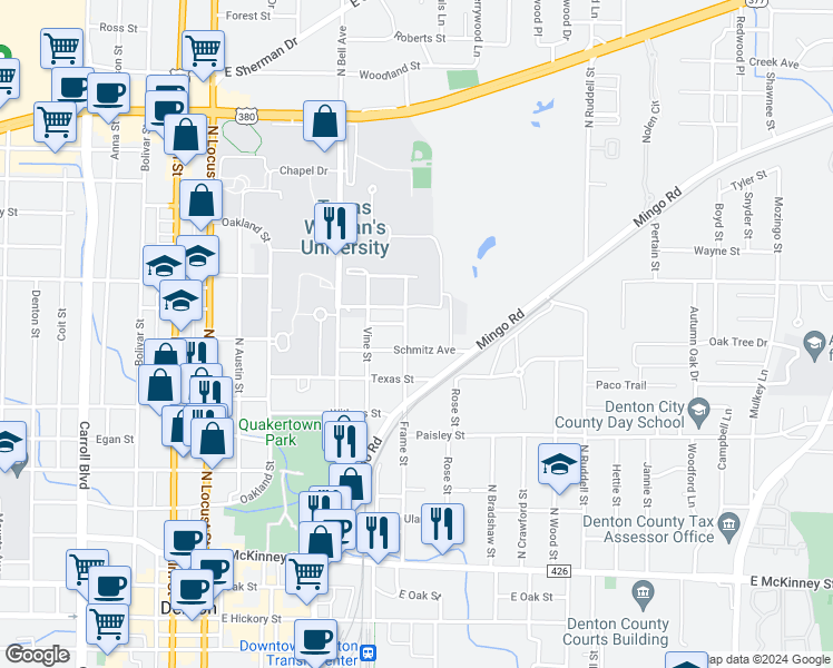 map of restaurants, bars, coffee shops, grocery stores, and more near 629 Schmitz Avenue in Denton
