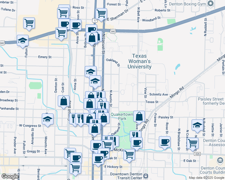map of restaurants, bars, coffee shops, grocery stores, and more near 200 Sawyer Avenue in Denton