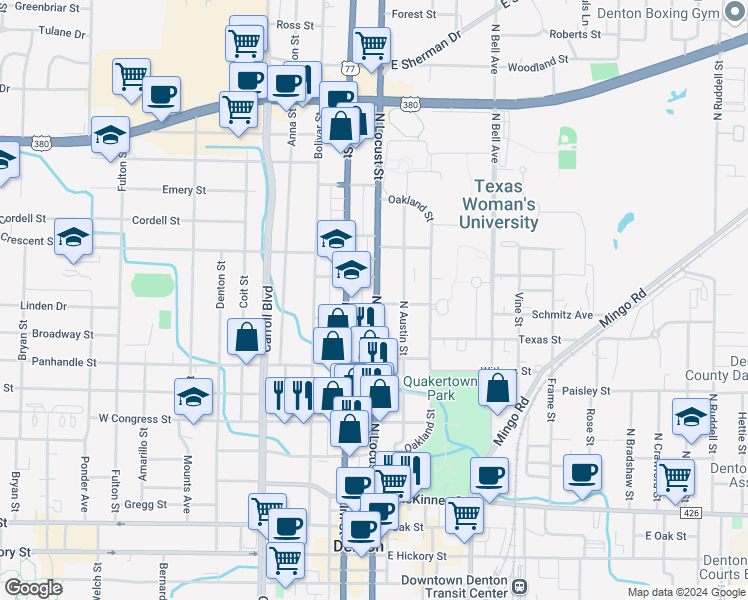 map of restaurants, bars, coffee shops, grocery stores, and more near 1099 North Locust Street in Denton