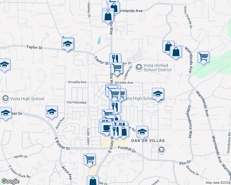 map of restaurants, bars, coffee shops, grocery stores, and more near 1134 Madera Lane in Vista