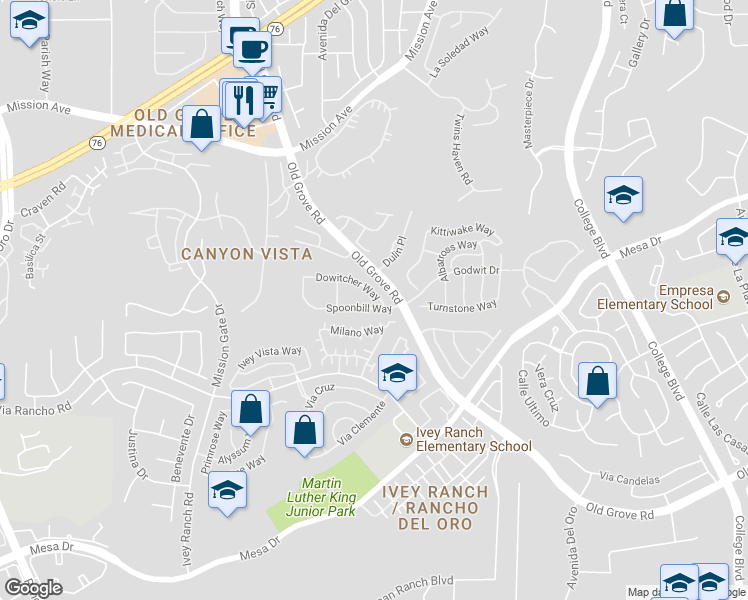 map of restaurants, bars, coffee shops, grocery stores, and more near 4369 Dowitcher Way in Oceanside