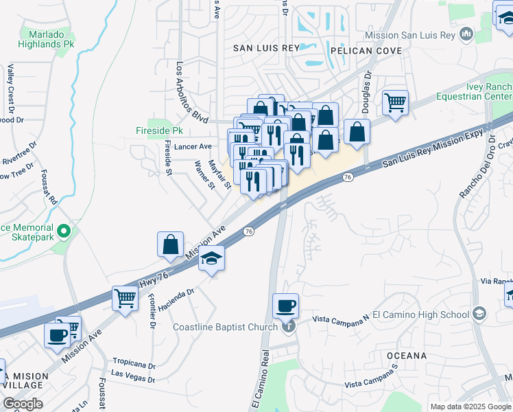 map of restaurants, bars, coffee shops, grocery stores, and more near 3661 Mission Avenue in Oceanside