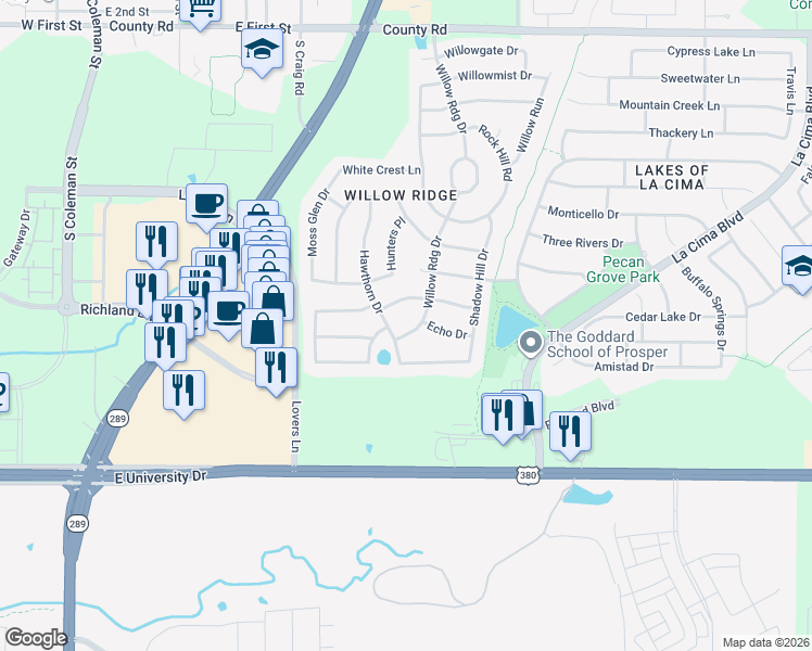 map of restaurants, bars, coffee shops, grocery stores, and more near 951 Willow Ridge in Prosper