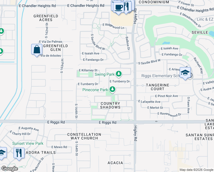 map of restaurants, bars, coffee shops, grocery stores, and more near 6954 South Tucana Lane in Gilbert