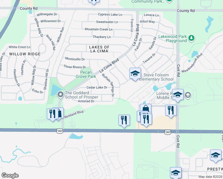 map of restaurants, bars, coffee shops, grocery stores, and more near 1441 Millers Creek Drive in Prosper