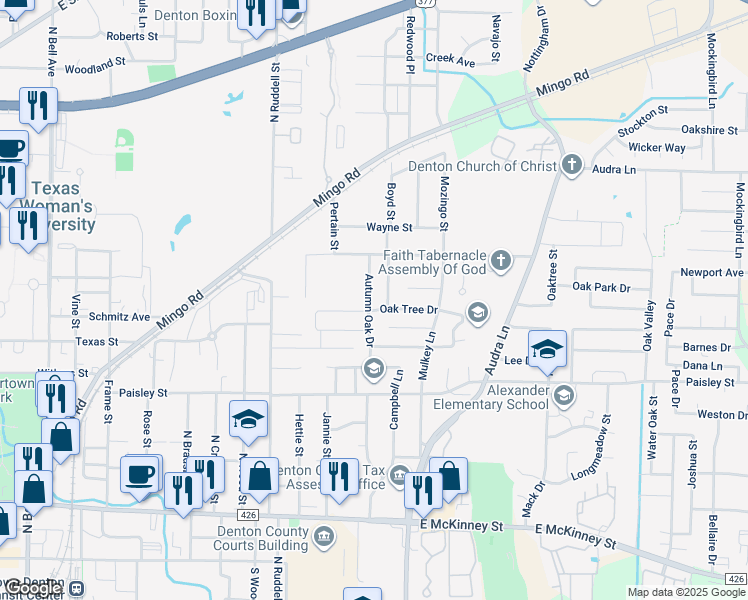 map of restaurants, bars, coffee shops, grocery stores, and more near 1104 Autumn Oak Drive in Denton
