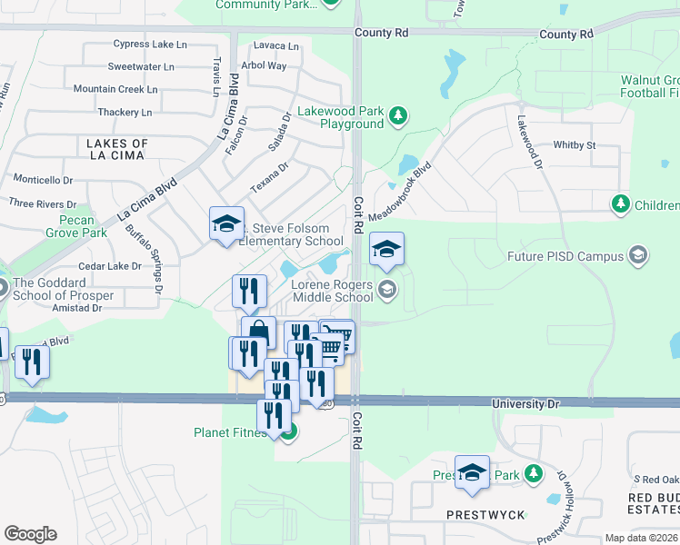 map of restaurants, bars, coffee shops, grocery stores, and more near 980 Coit Road in Prosper