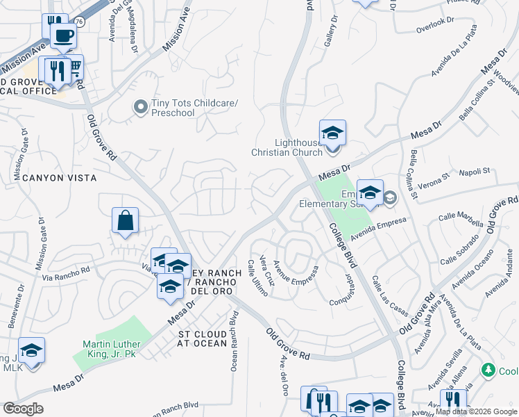 map of restaurants, bars, coffee shops, grocery stores, and more near 1298 El Mercado Way in Oceanside