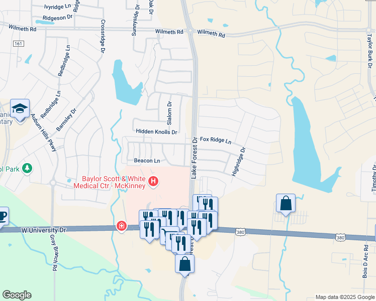 map of restaurants, bars, coffee shops, grocery stores, and more near 2228 Jocelyn Way in McKinney