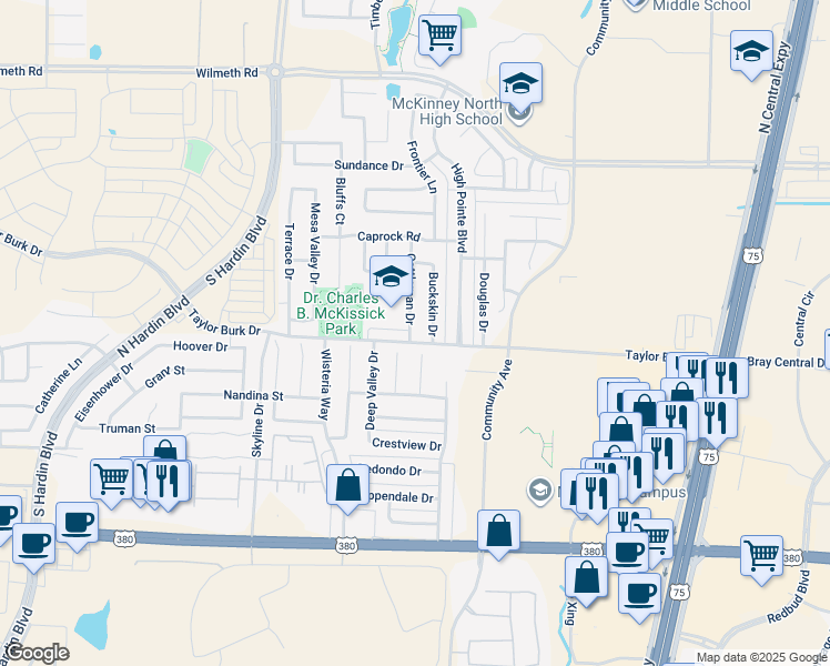 map of restaurants, bars, coffee shops, grocery stores, and more near 2502 Cattleman Drive in McKinney