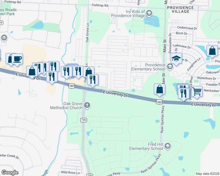 map of restaurants, bars, coffee shops, grocery stores, and more near 26501 U.S. 380 in Aubrey