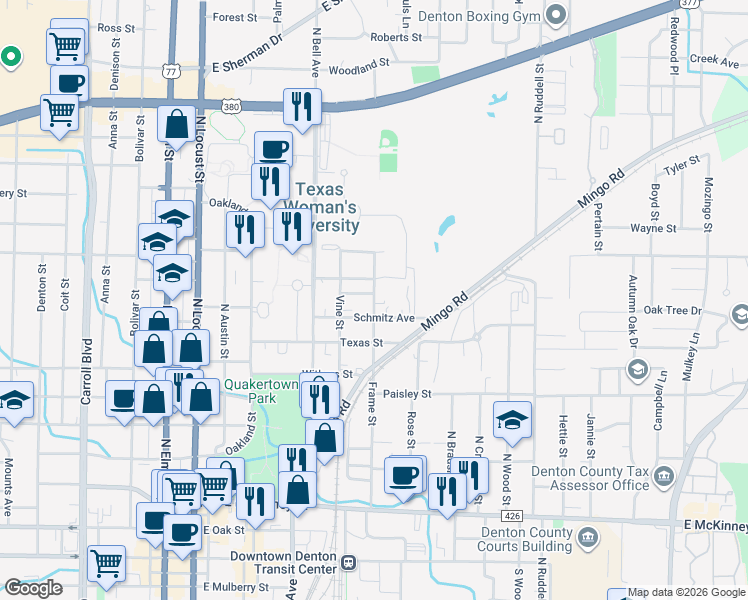 map of restaurants, bars, coffee shops, grocery stores, and more near 629 Schmitz Avenue in Denton