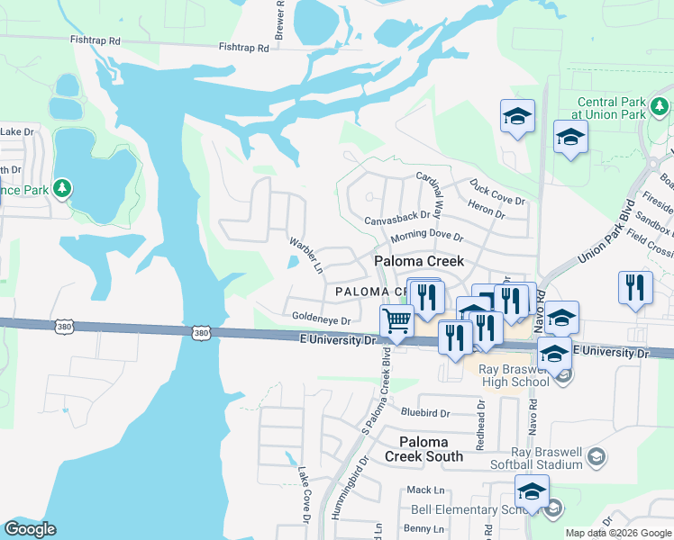map of restaurants, bars, coffee shops, grocery stores, and more near 1216 Morning Dove Drive in Aubrey