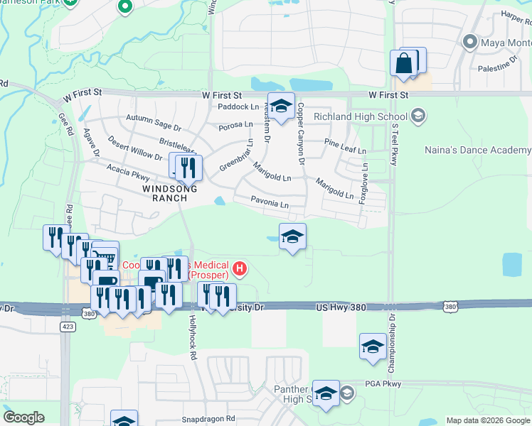 map of restaurants, bars, coffee shops, grocery stores, and more near 4150 Pequin Drive in Prosper
