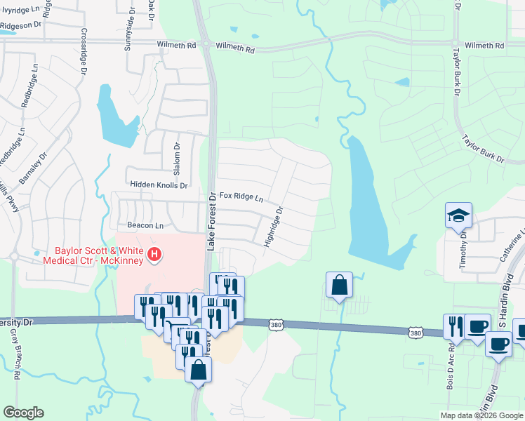 map of restaurants, bars, coffee shops, grocery stores, and more near 4801 Brookridge Avenue in McKinney