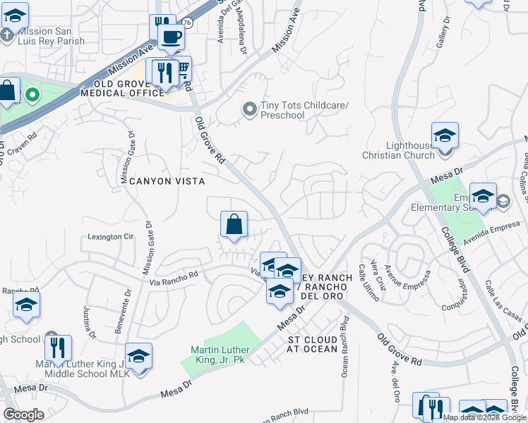map of restaurants, bars, coffee shops, grocery stores, and more near 4394 Dowitcher Way in Oceanside