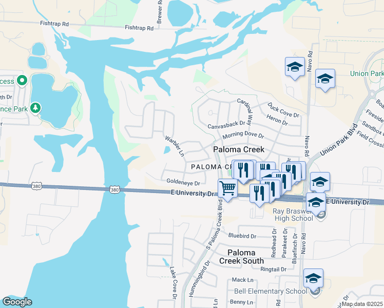 map of restaurants, bars, coffee shops, grocery stores, and more near 1216 Morning Dove Drive in Aubrey