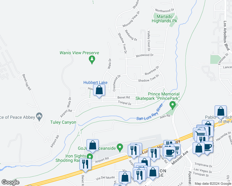 map of restaurants, bars, coffee shops, grocery stores, and more near 544 Crestwood Drive in Oceanside