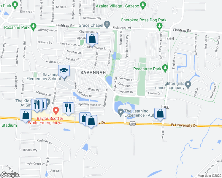 map of restaurants, bars, coffee shops, grocery stores, and more near Magnolia Boulevard in Aubrey